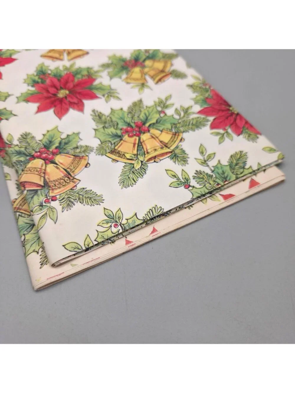 Vintage Christmas Wrapping Paper Poinsettias Gold Bells Holiday Gift Wrap 10 ft